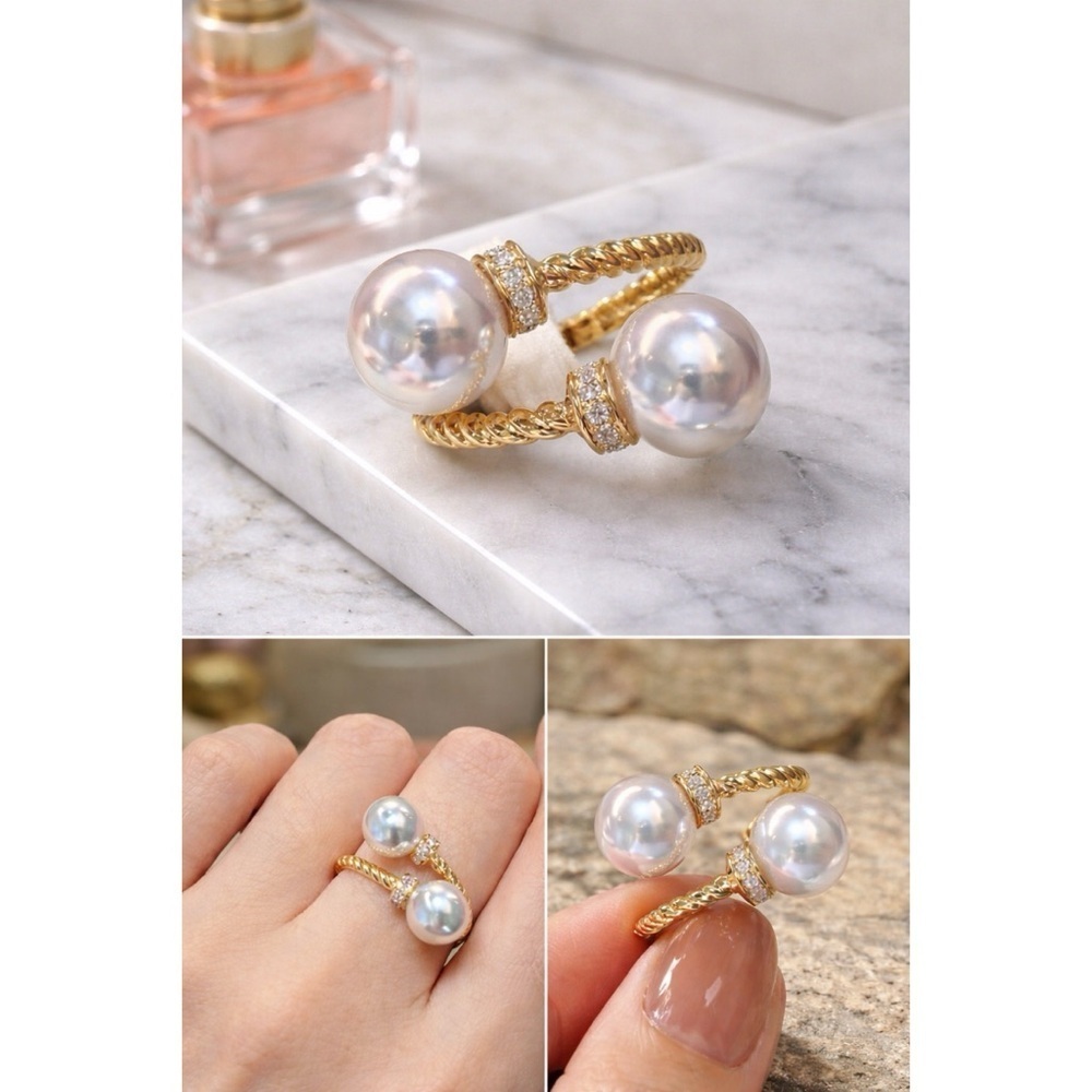 Elegant Double Pearl Open Ring – Gold Tone
